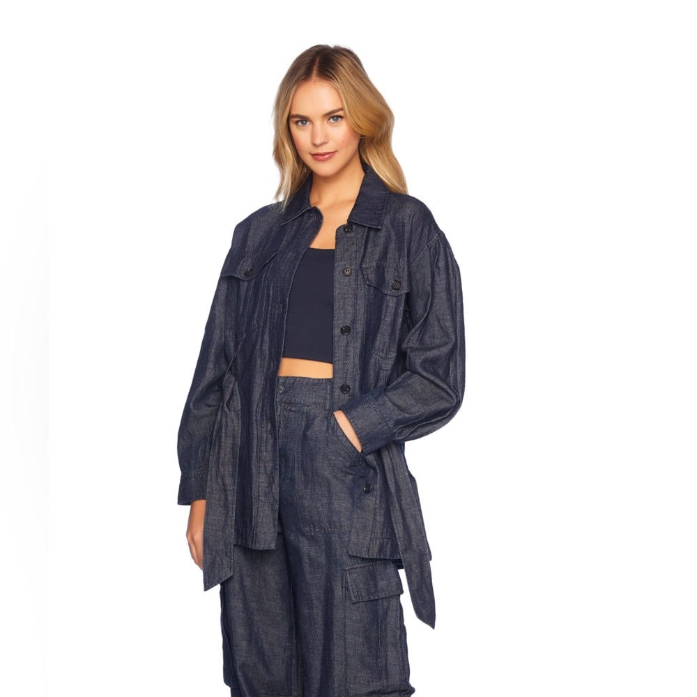 susana monaco Denim Linen-Blend Belted Jacket